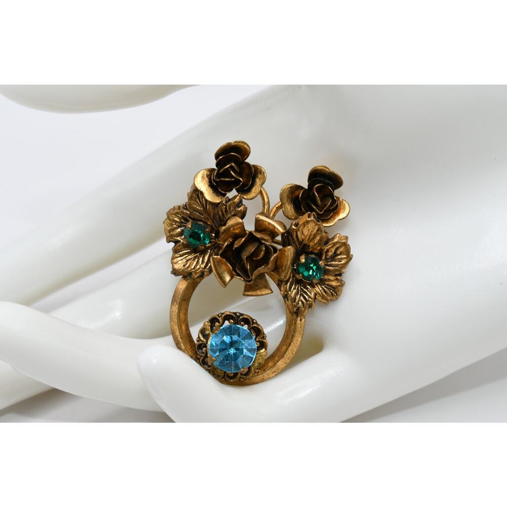 Vintage Austria Brooch Gold Tone Green Blue Austrian Crystals Floral